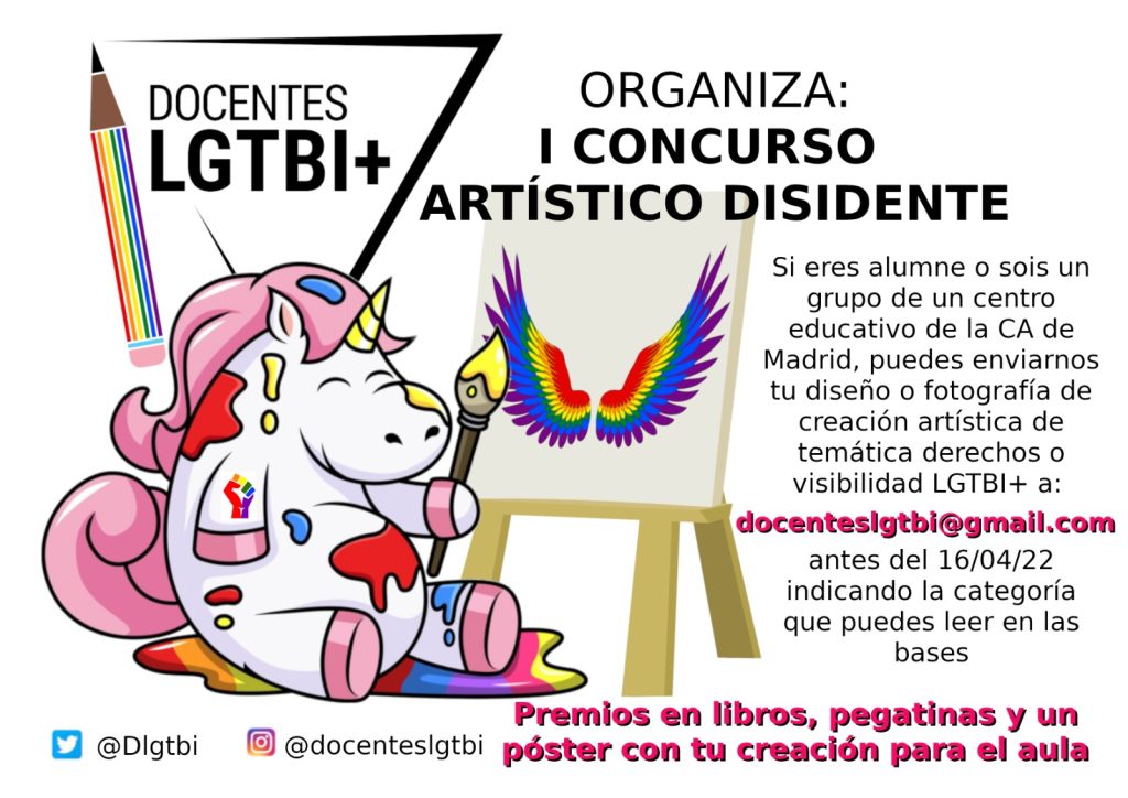 Docentes LGTBI+ organiza el I Concurso Artístico Disidente

Envía tu diseño o fotografía de creación artística a:
docenteslgtbi@gmail.com

Antes del 16/04/22