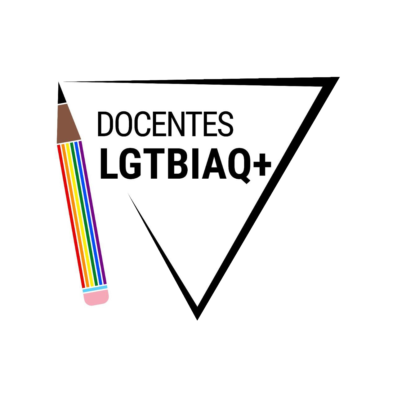 Logo Docentes LGTBIAQ+. Triángulo blanco con el título y, al lado del triángulo, un lápiz con los colores de la bandera LGTBIAQ+